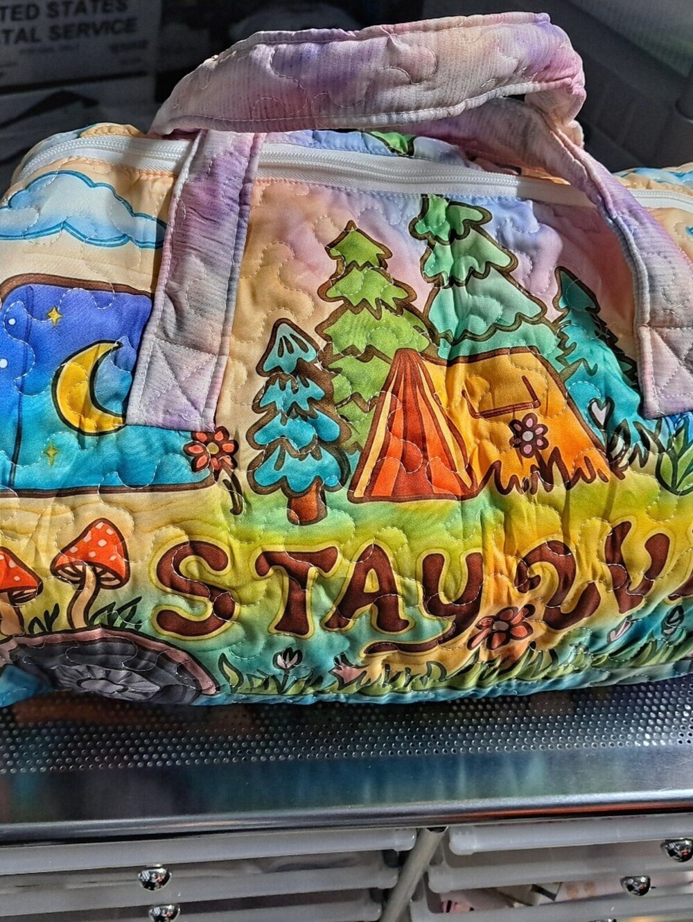 Stay Wild Quilted Travel Duffel Bag with Retro Van and Camping Design - Multi